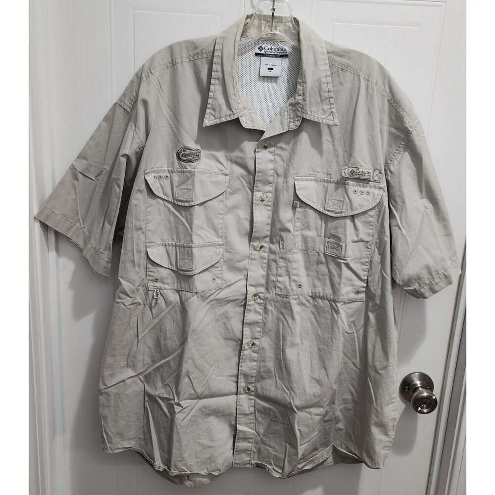Columbia Short Sleeve Button Up Shirt Florida Gators Embroidered Logo Beige SZ L